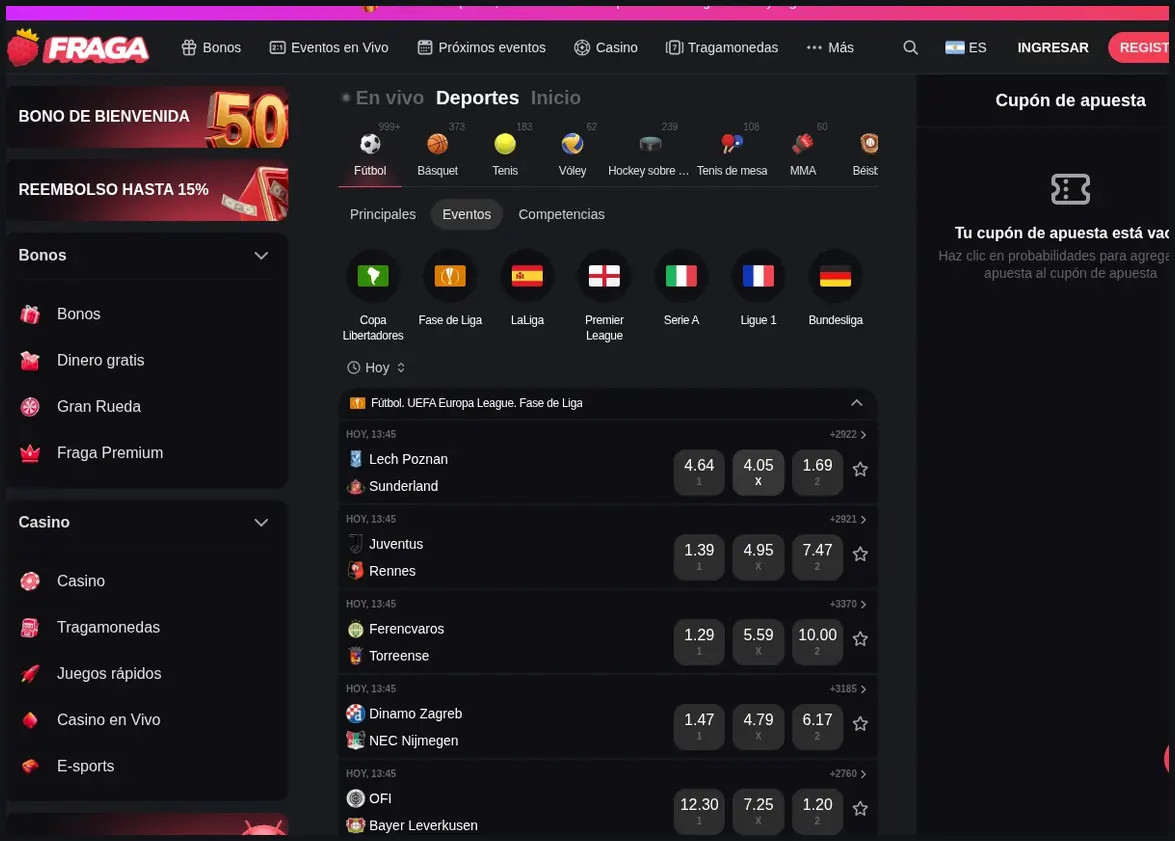 Página de apuestas deportivas en vivo de Fraga, lista de partidos de UEFA Europa League con cuotas de "Lech Poznan vs Sunderland", 22.10.2026
