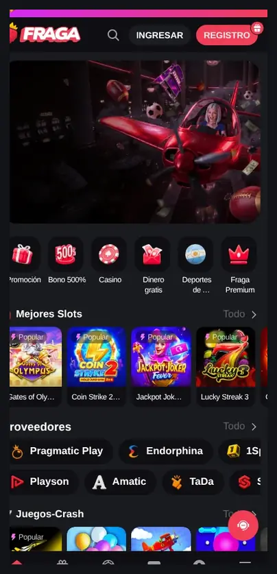 Página de inicio móvil de Fraga, barra de navegación inferior y sección "Mejores Slots" con fichas de juegos, 22.10.2026